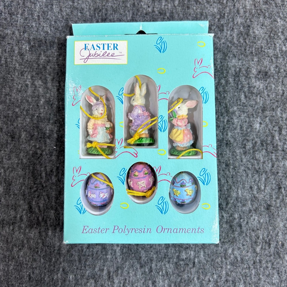 Vintage Easter Jubilee Kmart Polyresin Ornaments Bunny Rabbits Eggs 6 Piece Set